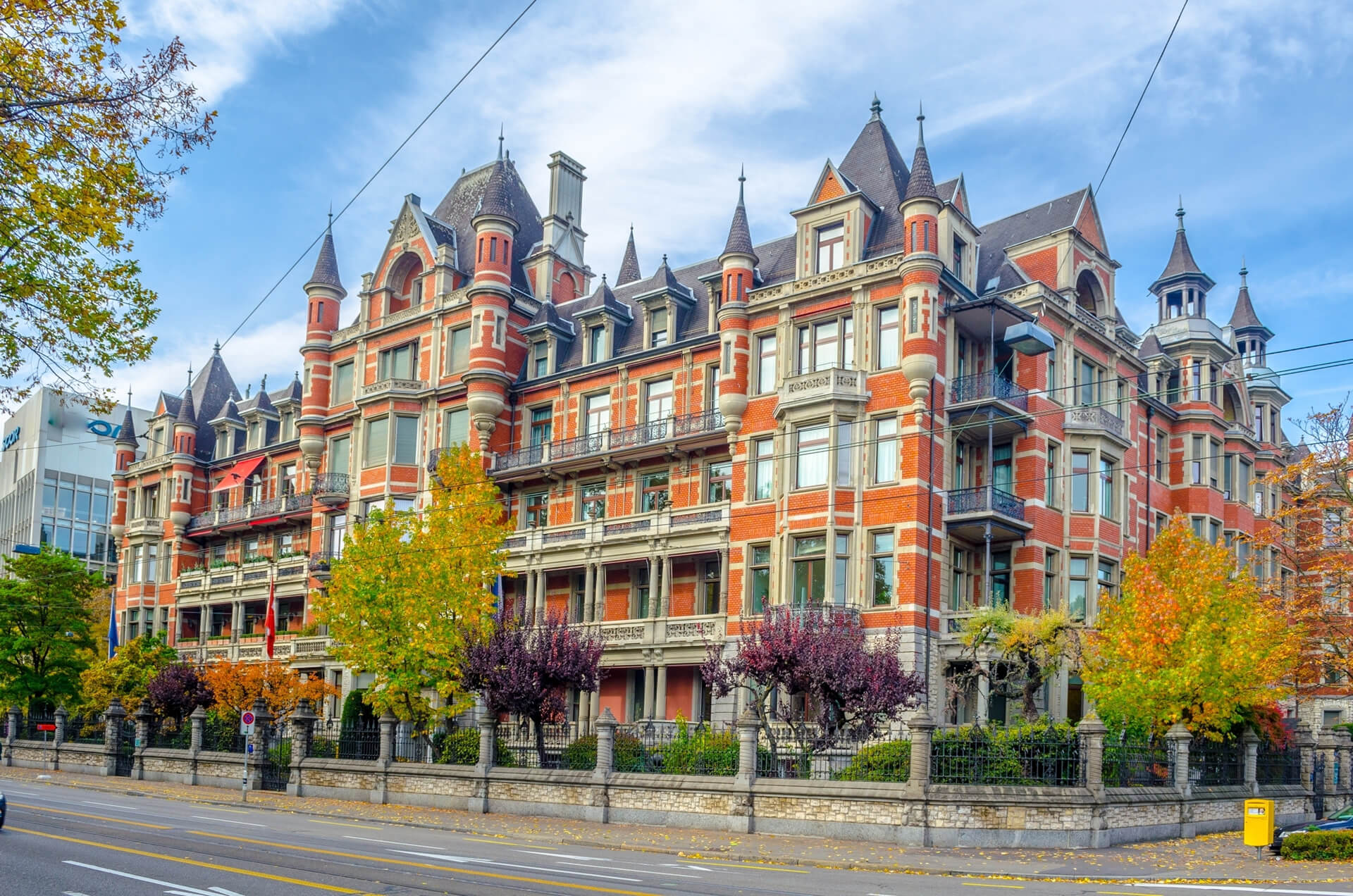 view of a majestic brick house in the swiss city zurich